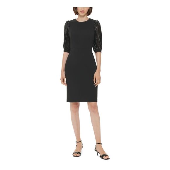CALVIN KLEIN Womens Black Belted Zippered Unlined Gathered Cap Sleeve Round Neck Above The Knee Fit + Flare Dress main image 1